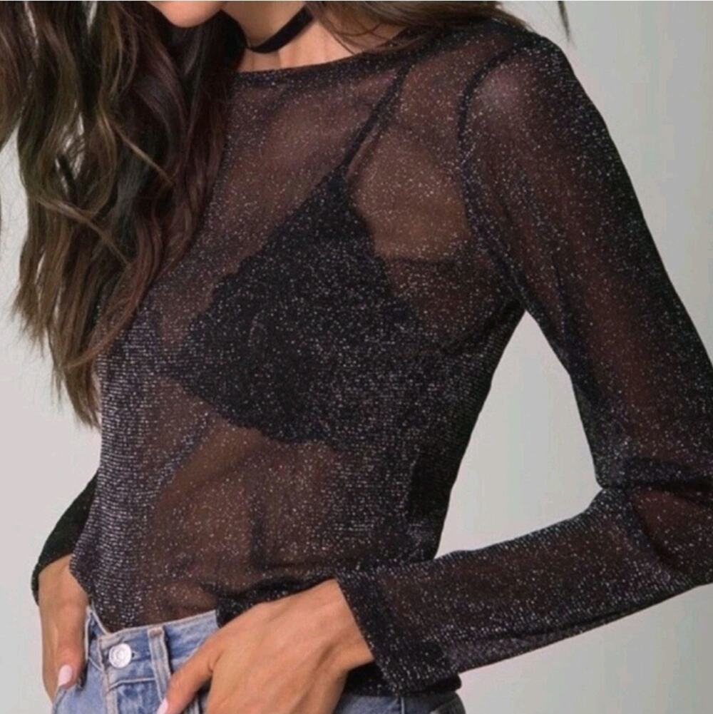 Victoria's Secret Long Sleeve Sheer Mesh Sparkle Top Black & Silver M/L Sexy